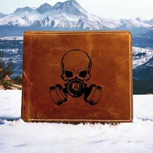 Skull Gas Mask Leather Wallet Bifold 100% Genuine Buffalo Premium Quality NEW